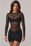 Sheer Embellished High Neck Long Sleeve Mini Dress in Black