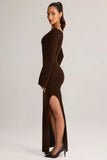 Rib Knit Boat Neck Long Sleeve Maxi Dress in Chocolate Brown