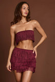 Fringed Bandeau Lace up Crop Top in Wine Red