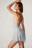 Embellished Lace Up Back Mini Dress in Aqua