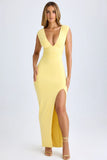Modal Plunge Neck Thigh Split Maxi Dress in Lemon Sherbet