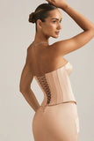 Satin Lace Up Corset Top in Beige Gold
