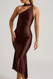 Asymmetric Scarf Detail Midaxi Dress in Chocolate Brown