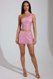 Embellished Low Rise A Line Micro Mini Skirt in Pink