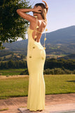 Slinky Jersey Floral Appliqué Gown in Pastel Yellow