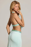 Embellished Deep Plunge Halterneck Top in Aqua Blue
