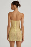 Sheer Embellished Square Neck Mini Dress in Yellow