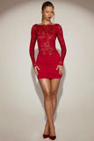 Sheer Lace Boat Neck Mini Dress in True Red