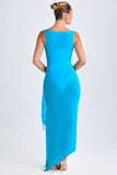 Ruffle Trim Cowl Neck Midaxi Dress in Aqua Blue