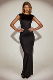 Satin Boat Neck Twist Back Maxi Dress in Black