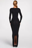 Ribbed Modal Long Sleeve Plunge Maxi Dress in Black
