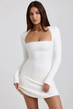 Ribbed Modal Lace Trim Mini Dress in White