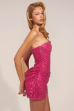 Embellished Draped Strapless A Line Mini Dress in Hot Pink