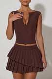 Layered Pleated Low Rise Mini Skirt in Chocolate Brown