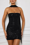 Embellished Scarf Detail Mini Dress in Black