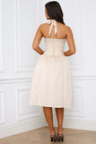 Halterneck Lace Up Ruched Corset Midi Dress in Ivory