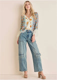 Lace Trim Woven Top Blue Multi