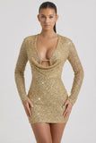 Embellished Cowl Neck Mini Dress in Gold