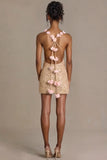 Embellished Open Back Mini Dress in Gold