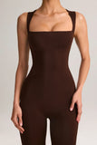 Modal Square Neck Bodycon Capri Jumpsuit in Chocolate Brown