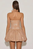 Embellished Halterneck Bubble Hem Mini Dress in Almond