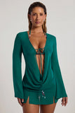 Bead Embellished Cowl Neck Sheer Mini Dress in Jade Green