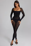 Long Sleeve Seamless Knit Jumpsuit in Black