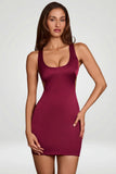 Scoop Neck Lace up Back Mini Dress in Wine Red