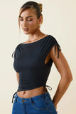 Asymmetric Ruched Cowl Back Crop Top in Black