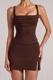 Mid Rise Bodycon Ultra Mini Skirt with Split in Chocolate Brown