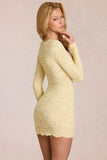 Scalloped Lace Long Sleeve Mini Dress in Lemon Yellow