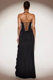 Embellished Cowl Neck Ruffled Gown Dress in Black