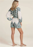 Linen Tie Waist Romper White Multi