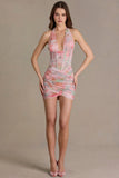 Embellished Draped Mini Dress in Pink Floral Print