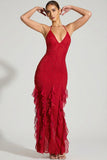 Embellished Halter Neck Ruffle Maxi Dress in Red