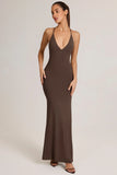 Modal Plunge Backless Maxi Dress in Chocolate Brown