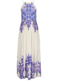 Printed Linen Maxi Dress Purple Paisley Border