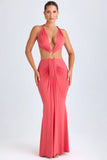 Hardware Detail Cut Out Halterneck Maxi Dress in Coral