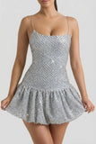 Embellished Bubble Hem Mini Dress in Silver