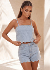 Better Love Scallop Edge Denim Crop Top Blue