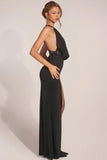 Cowl Neck Thigh High Gown in Black