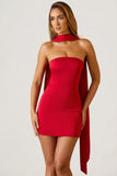 Scarf Detail Strapless A Line Mini Dress in Scarlet Red