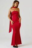 Scarf Detail Strapless Gown in Scarlet Red