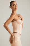 Satin Lace Up Corset Top in Beige Gold