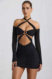 Off Shoulder Ruched Cut Out Mini Dress in Black