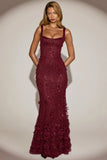 Embellished Appliqué Soft Scoop Corset Gown in Wine Red
