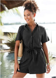 Short Sleeve Linen Romper Black