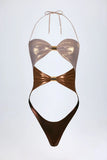 Panelled Cut out Swimsuit in Bronze Gold