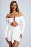 Hardware Detail Off Shoulder Cut Out Mini Dress in White