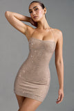 Embellished Halterneck A Line Mini Dress in Almond